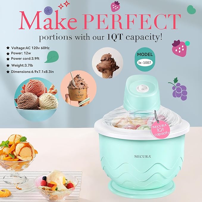 Secura Ice Cream Maker, DIY Visualization Ice Cream Machine for Gelato, Sorbet, Frozen Yogurt, Perfect for Beginners, Food Grade Safe Material, 1QT