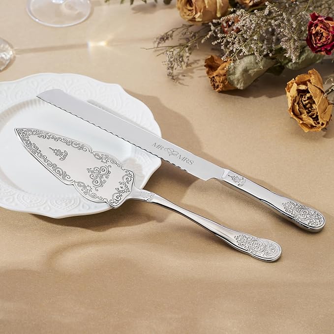 AW Bridal Silver Cake Cutting Set for Wedding, Stainless Steel Engraved Wedding Cake Knife Pie Server Gifts for Bridal Shower Engagement, Silver