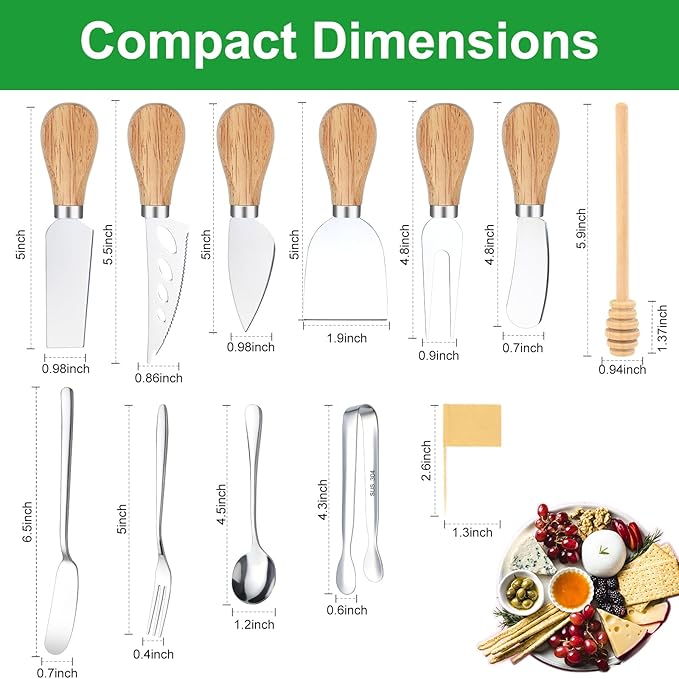 26 Pcs Charcuterie Boards Accessories, Cheese Knife Set with Wooden Handle, Service for 4 Charcuterie Utensils Include Mini Cheese Spreader Knives, Forks, Tongs, Spoons, Honey Dipper for Appetizers