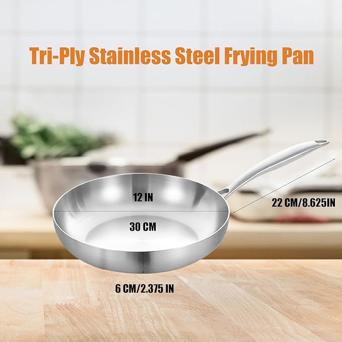 Inqibee 12 Inch Tri-Ply Stainless Steel Frying Pan,Skillet,Induction Cooking Pan,Dishwasher and Oven Safe,Detachable Handle.