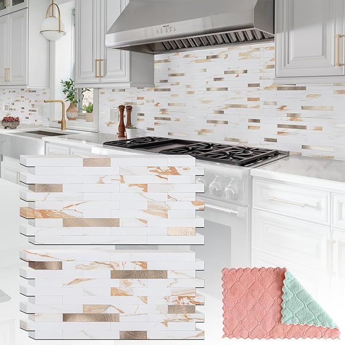 20 Sheets Peel and Stick Backsplash for Kitchen, 2026 Upgraded Calacatta Gold with Metal Glod Look Stick on Tile Upgrade Your Kitchen Backsplash, RV, Fireplace
