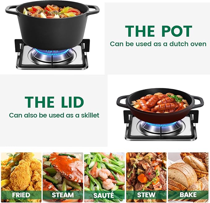 Chef Power 2-in-1 Cast Iron Dutch Oven with Skillet Lid, 5QT Camping Dutch Oven Pot with Lid for Bread, Frying, Baking, Roasting, Cooking, BBQ – Versatile Cast Iron Cookware