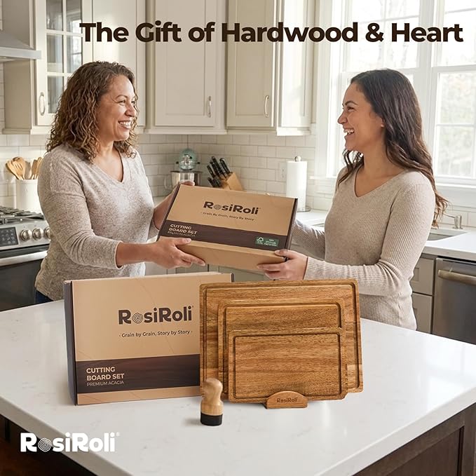 RosiRoli Acacia Wood Cutting Board for Kitchen, Set of 3 - Durable 1" Thick Chopping Boards with Juice Grooves & Handles for Prep & Serving, Impressive Gift for Housewarming, Christmas, and Home Chefs