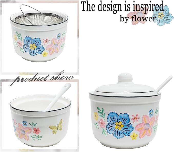 Ceramic Bacon Grease Container with Strainer,Cooking Oil Storage Can 17oz(Colorful)