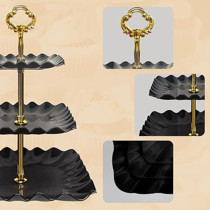 NWK 5 Piece Cake Stand Set with 2 x Large 3-Tier Cupcake Stands, 3 x Appetizer Trays, for Wedding Birthday Baby Shower Tea Party Decorations (Black)