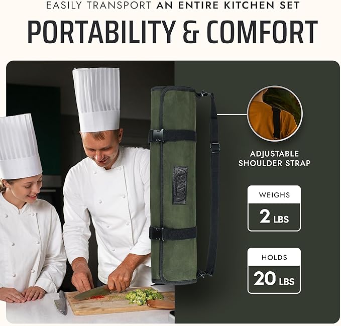 Asaya Canvas Chef Knife Roll Bag - 10 Knife Slots and a Large Zipper Pocket - Durable 10oz Canvas Knife Case with an Adjustable Shoulder Strap - Knives not Included (Forest Green)