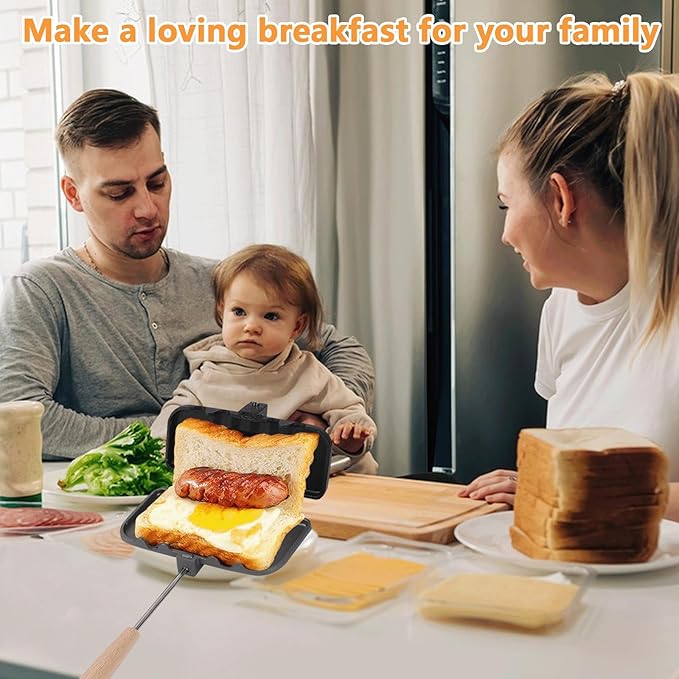 Double-Sided Sandwich Baking Pan, 4w1h Sandwich Maker, Non Stick Breakfast Sandwich Maker Baking Pan with Removable Handle Grill Pan for Breakfast Pancakes, Omelets, Frittatas, Bread and Toast