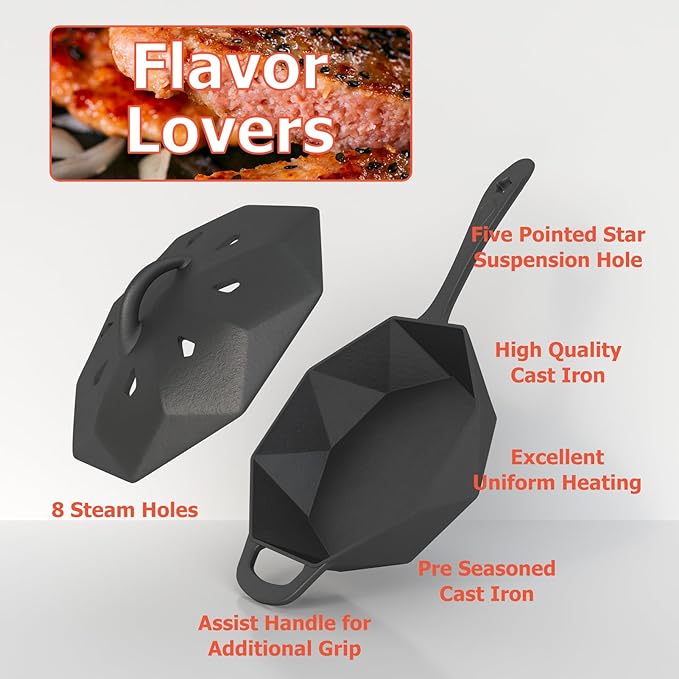 Aurionix Cast Iron Skillet with Lid Pre-seasoned Cast Iron Pans, Smoker Box for Open Fire, Oven, Stovetop, Grill Safe Cookware Set +Scraper/Cleaner+Silicone Anti-Scalding Gloves