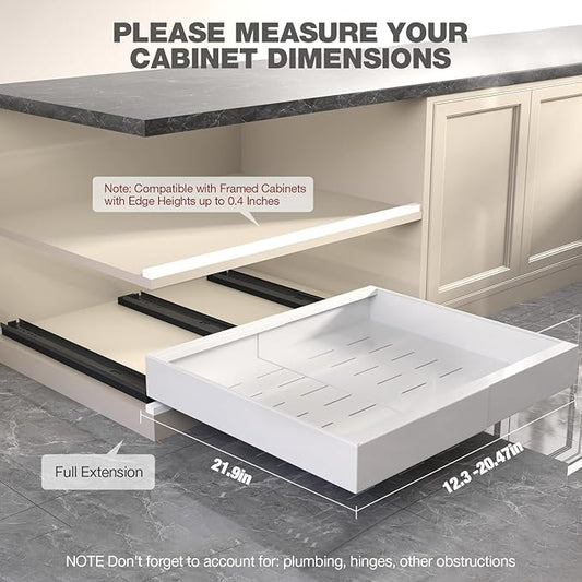 4 Pack Pull Out Cabinet Organizer 22" Deep,Full Extension 3 Slide Rails Slide Out Drawers With Raising Pad for Framed Cabinets,Expandable Width (12.3"-20.5"),No Drill Roll Out shelf,White