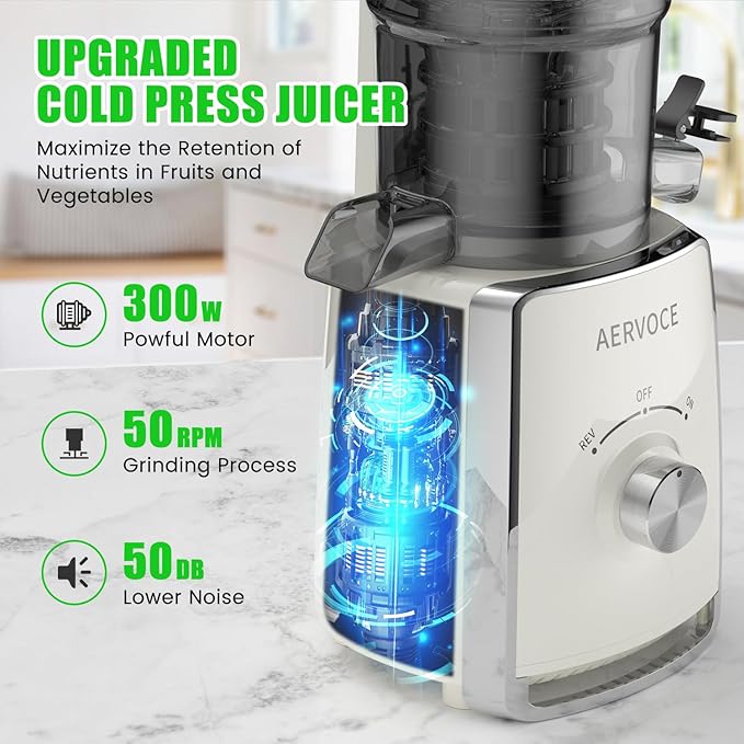 AERVOCE Cold Press Juicer Machines - Masticating Juicer Machines With 5.3'' Large Feed Chute,300W High Juice Yield,800ml Two Cups, Slow Juicers Extractor Easy To Clean