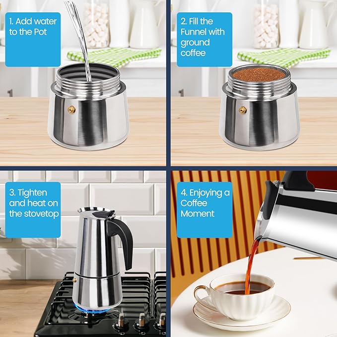 Supvision 2 Cup Moka Pot Stainless Steel 100ml Italian Espresso Coffee Maker Stovetop Coffee Makers Mocha Pot Percolator Greca Coffee Maker for Induction Stove Portable for Easy Brewing Straight