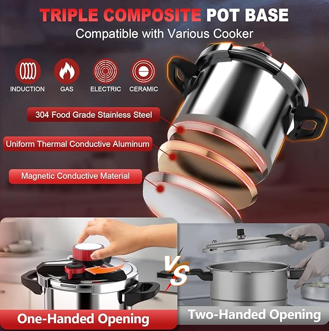 18/8 Stainless Steel Pressure Cooker 8 Qt, [One-Hand Locking] Pressure Cooker,[3-In-1] Olla de Presion, Induction,Gas Stovetop Compatible, Includes Glass Lid & Steamer Rack