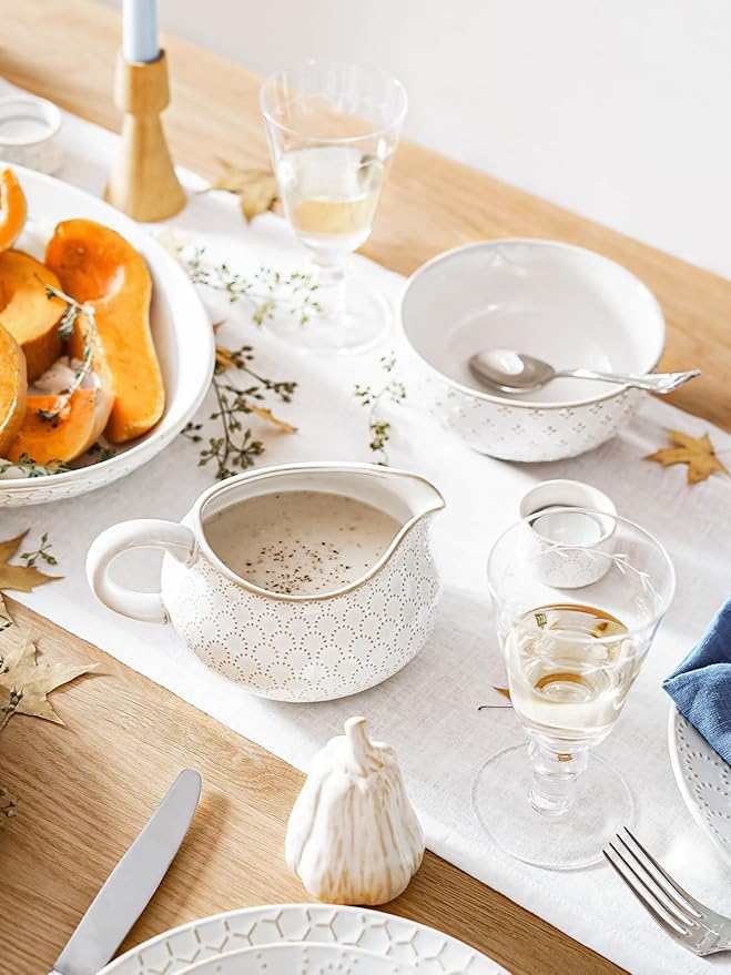 LE TAUCI Gravy Boat with Ladle and Saucer Stand 24oz, Ceramic Sauce Boat with Tray for Salad Dressings, Creamer, Broth, Black Pepper, Set of 1, Arctic White, Firework