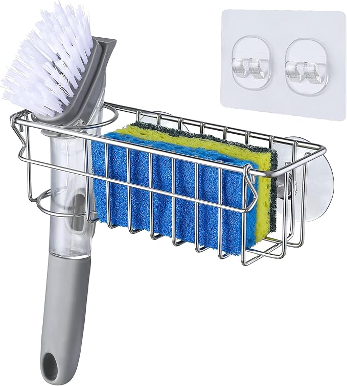 3-In-1 Sponge Holder for Kitchen Sink with Suction Cups & Adhesive Hook , In-sink Sponge Holder, Wall Hanging Sink Organizer Rack - Sponge, Dish Cloth, Brush, Scrubber - 304 Stainless Steel