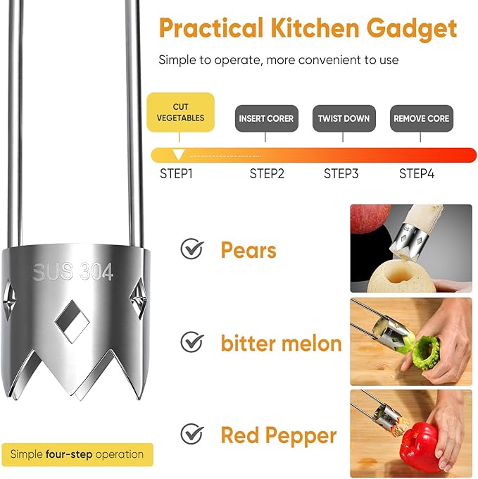 Red Bell Pepper Seed Corer - Fruit Vegetable Stem Remover for Pepper Pineapple Pear Apple Tomato, 304 Stainless Steel Rust Resistant, Easy to Use & Clean Kitchen Gadgets Tool (1 Set)