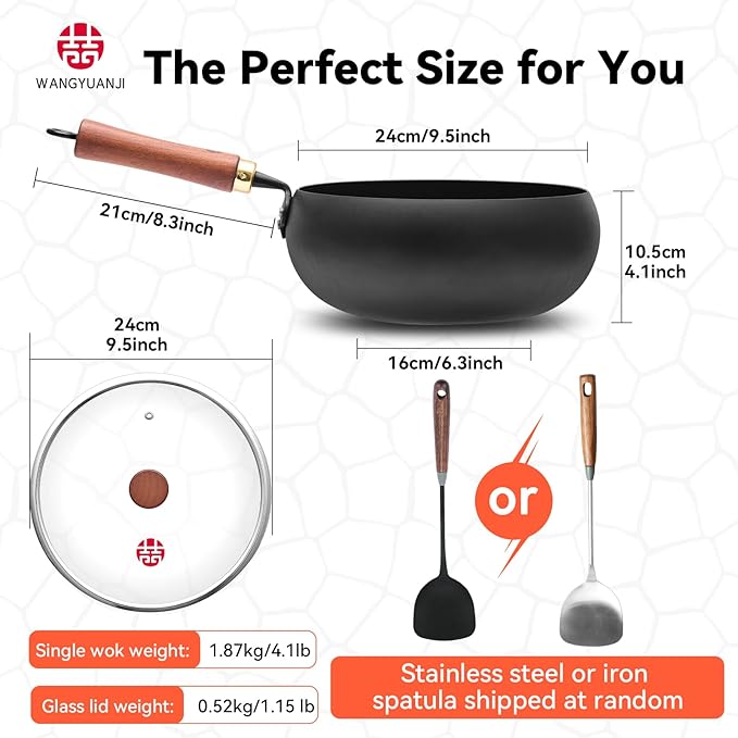 WANGYUANJI 9.5" Carbon Steel Wok - [Heavy-Duty & Thickened Base] - Deep Bowl Stir Fry Pan for Induction, Electric & Gas - Warp-Resistant, Splatter-Free Design with Lid (1-2 Person)