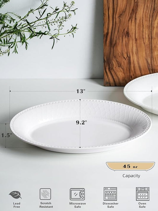 Kanwone Ceramic Large Serving Bowls, Oval Serving Platters for Entertaining, 13" Porcelain Serving Dishes for Dinner, Pasta, Salad, Turkey, Fruit, Bread, Appetizers, Microwave Safe, White, Set of 2