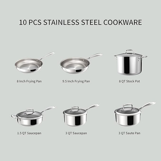 5-Ply 10 Pcs Stainless Steel Cookware Set, Pots and Pans Set, Frying Pans, Saucepans, Saute Pan and Stock Pot, Compatible with All Cooktops