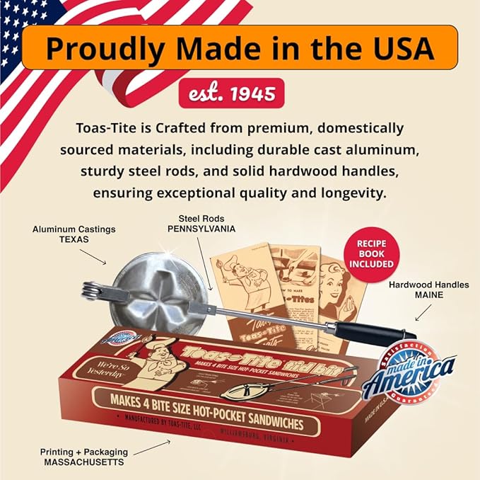Tid Bit Handheld Sandwich Maker, Portable Sandwich Grill & Panini Press, Cast Aluminum Pie Iron, Retro 1945 Stovetop & Campfire Toaster for Hot Sandwiches, Pies, Paninis, RV & Camping