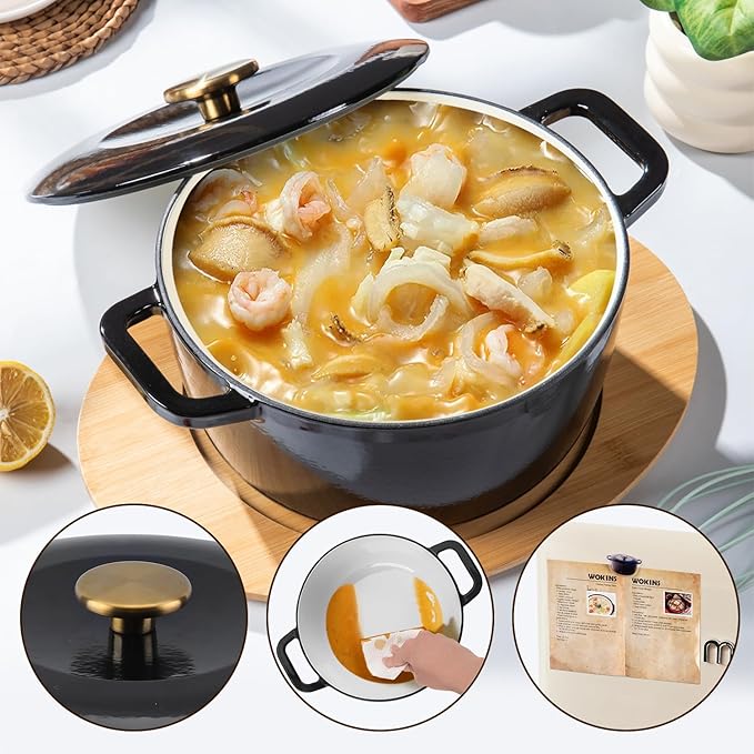 WOKINS Enamel Cast Iron Dutch Oven with Lid,Dual Handles,Heavy-Duty Cookware for Sourdough Bread Baking,Braising,Stews,Roasting,Oven Safe up to 500° F,5QT,black