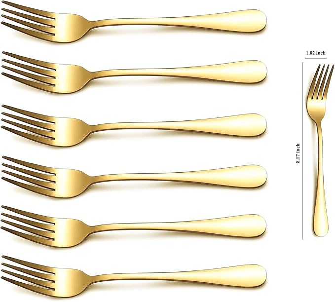 Kyraton Gold Dinner Forks - 6 Piece Set, Stainless Steel, 8.17 Inch, Titanium Plated Wedding Silverware