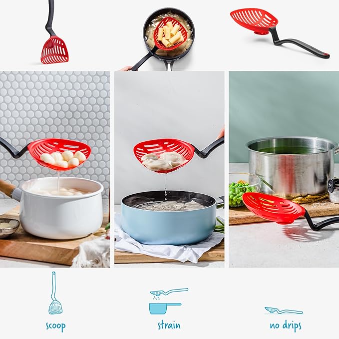 Dreamfarm Big Lestrain 2-in-1 Drip-Catching Sit-Up Slotted Cooking Spoon Scoop & Strainer - 13" Red
