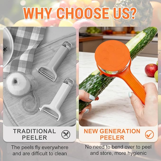 2PCS Vegetable Peeler Set with Container, Stainless Steel Potato and Apple Peeler, 2-in-1 Multifunctional Veggie Fruit Peeling Tool, Easy to Use Kitchen Gadget with Comfortable Grip (Orange+Blue)
