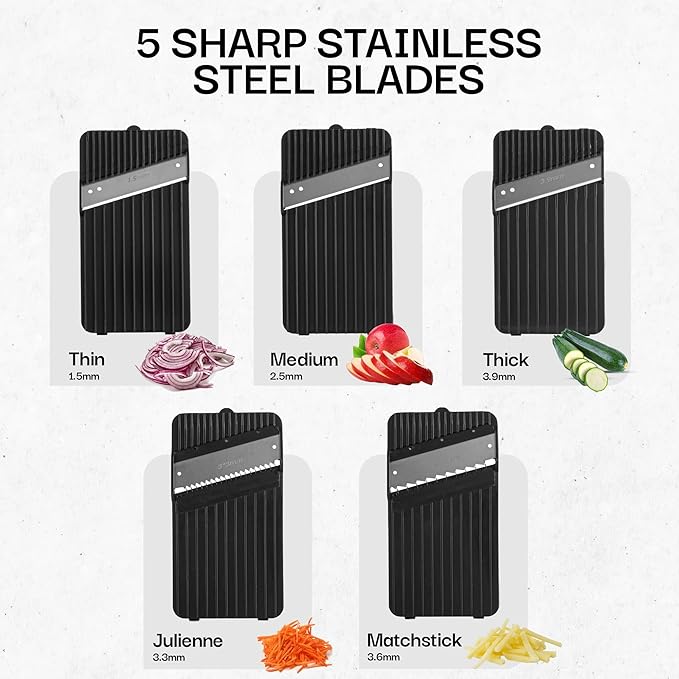 EMSON Safe Mandoline Slicer for Kitchen, All in 1 Potato Slicer Vegetable Slicer Food Slicer Vegetable Cutter, Mandolin Slicer for Veggies and More with 5 Blades and Storage Container