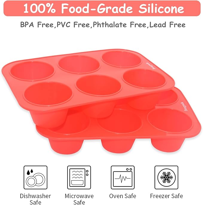 Bongpuda Silicone Large Muffin Pan 2 Pack,6 Cup Large Silicone Cupcake Pan,Non-Stick Jumbo Muffin Pans,Food Grade Cupcake Molds,Perfect for Egg Muffin,Big Cupcake
