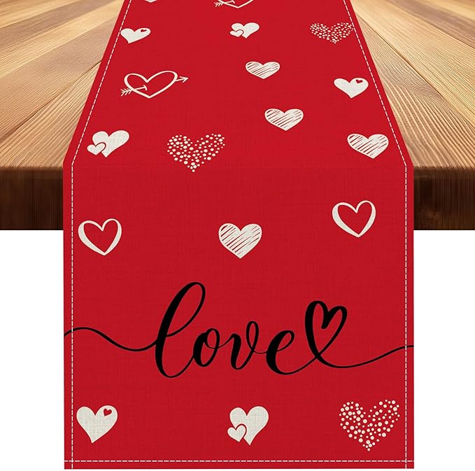 Valentines Day Table Runner 13x60 Inch, Love Hearts Valentine Table Runner, Anniversary Home Kitchen Dining Table Holiday Party Decorations