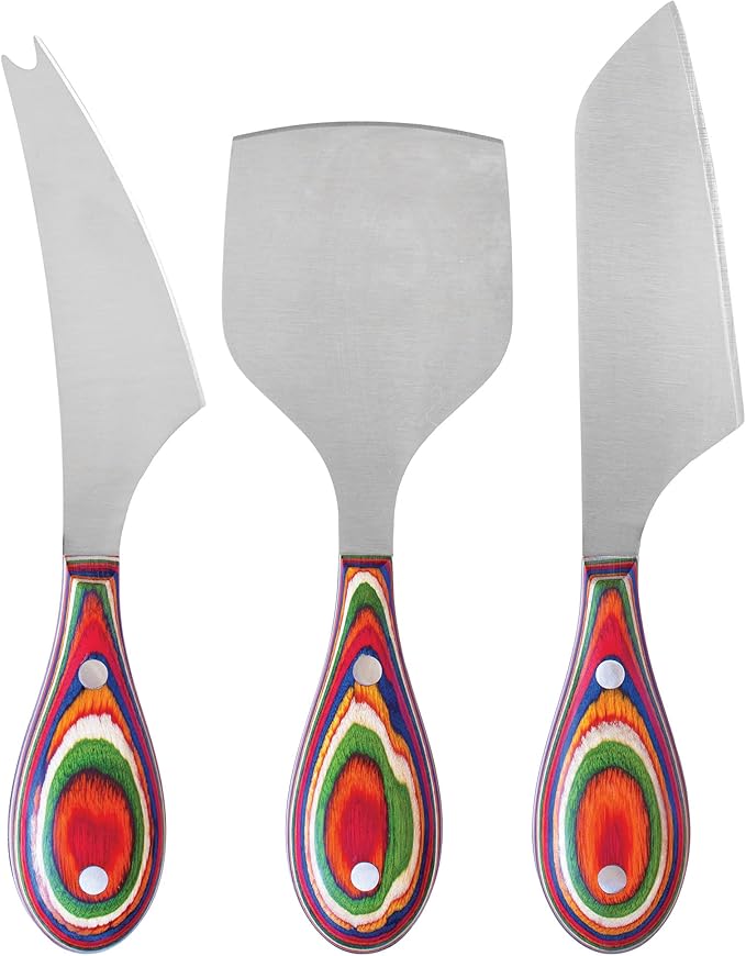 Totally Bamboo Baltique Marrakesh Collection 3-Piece Cheese Knife Set, Stainless Steel Cheese Knives with Colorful Wooden Handles for Charcuterie Boards