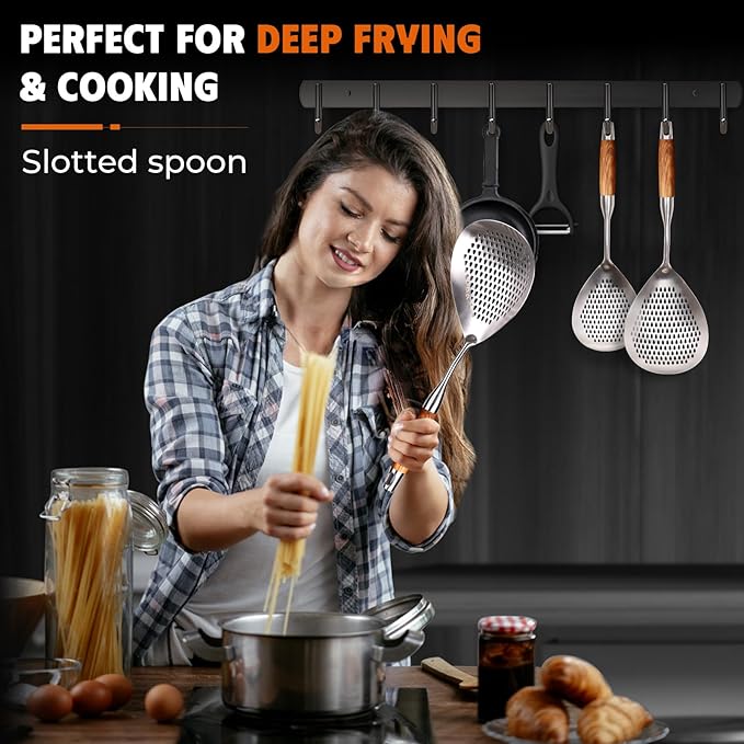 MARTE Skimmer Slotted Spoon Set of 3-304 Stainless Steel Spider Strainer Tools Ladle Spoon with Handle for Cooking and Frying - Kitchen Large Pasta Strainer Frying Colander - 14.8In,16.5In,17In