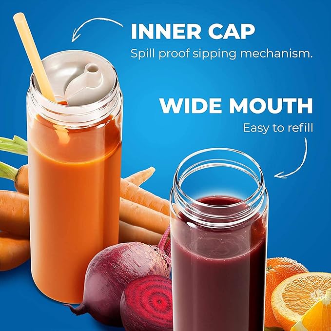 Komax Reusable Juice Bottles, Set of 6 - 18.5 oz | Premium BPA-Free Plastic, Shatterproof, Leakproof, Freezer & Dishwasher Safe | Wide Mouth Juice & Smoothie Containers