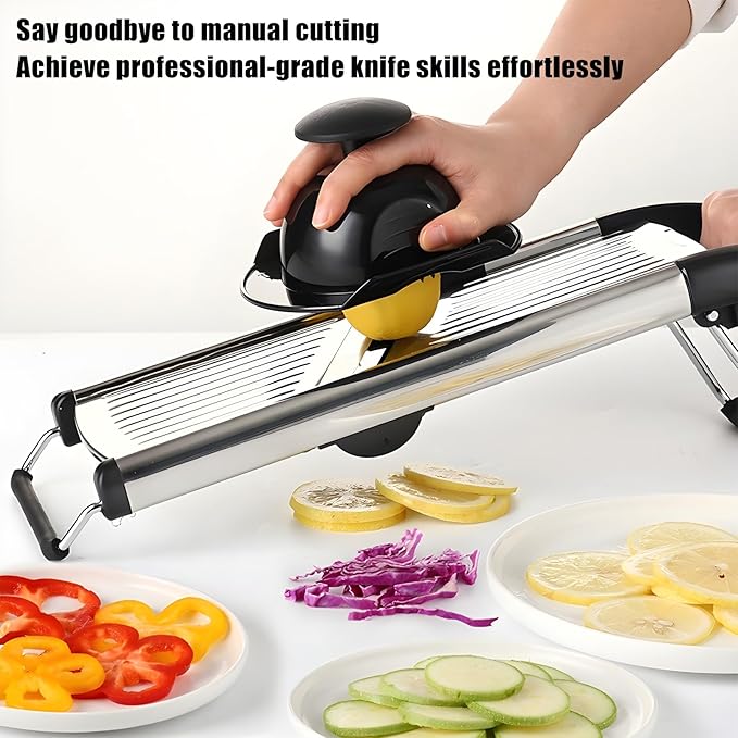 Adjustable Mandoline Food Slicer, Mandoline Slicer for Kitchen, Mandolin, Potato, Tomato, Carrot, Onion Cutter and Fruit - Stainless Steel - 6-Piece Fruit & Vegetable Cutting Set (Silver)