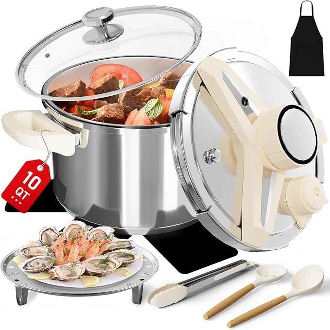 Abijan Stainless Steel Pressure Cooker 9.5 QT, 10PCS Cooking Pressure Cooker with Glass Lid & Steamer Rac, 3 PSl Settings, One-Hand Locking, Compatible with Gas & Induction Cooker, Olla de presion Set