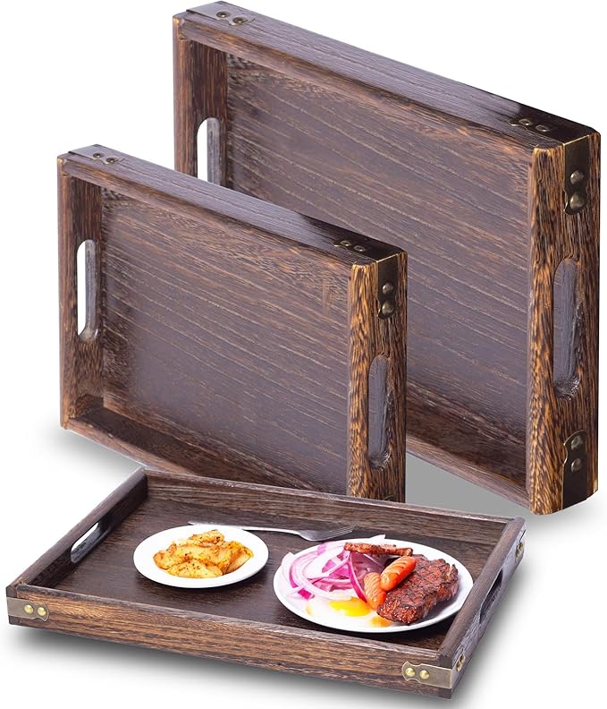 Wood Serving Tray with Handles - Set of 3, Wooden Tray for Food, Drinks, Snacks, Serving Trays for Breakfast in Bed, Dinner and Coffee Table