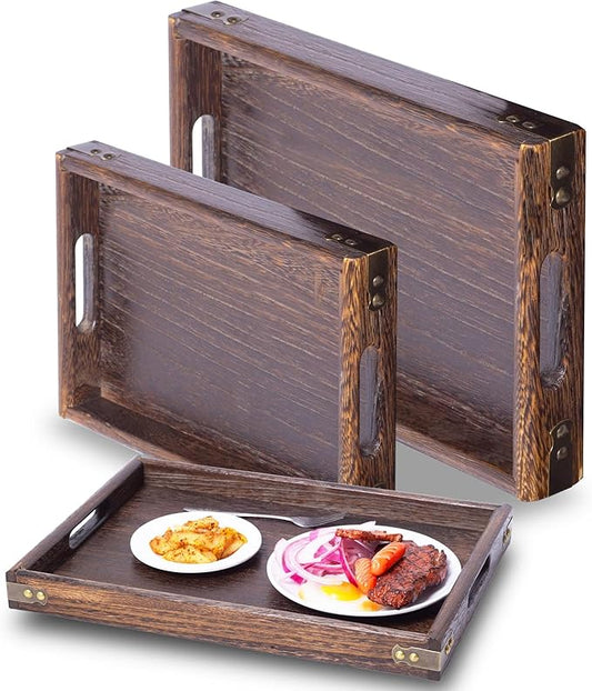 Wood Serving Tray with Handles - Set of 3, Wooden Tray for Food, Drinks, Snacks, Serving Trays for Breakfast in Bed, Dinner and Coffee Table