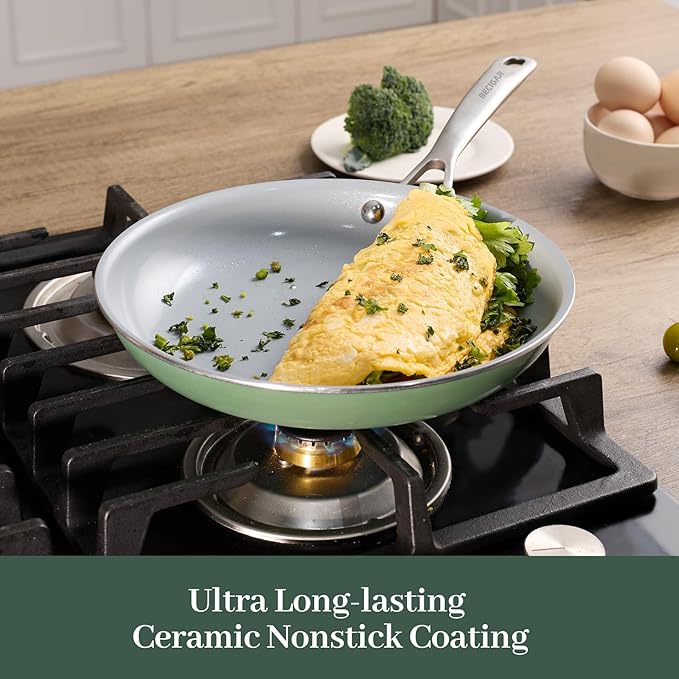 BECIGAR Ceramic Frying Pan Set with Stainless Steel Handle - Perfect Cookware Set for Steak & Non Stick Cooking - Ceramic Pans Set Non Stick Trendy Essential for Young Chefs(Green)
