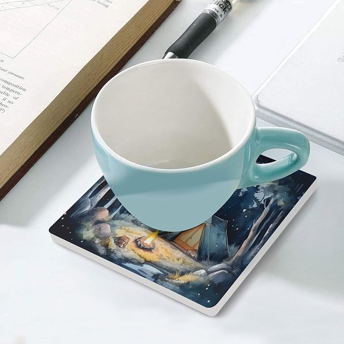 Square-4PCS Forest Ceramic Coasters, Square Absorbent Drink Coasters, Watercolor Mountain Forest Nature Tree Woodland Camping Ceramic Table Coasters for Coffee, Beverage, Wine, Beer Coasters