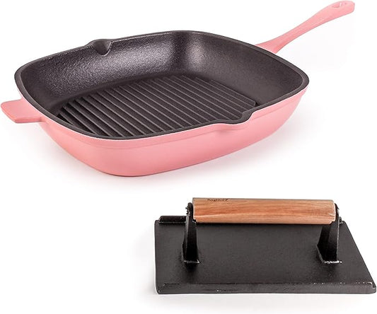 Berghoff Neo 2Pc Enameled Cast Iron Grill Set, Grill Pan 11 inches, Bacon/Steak Press 8 inches, Fast, Evenly Heat, Oven safe (Pink)