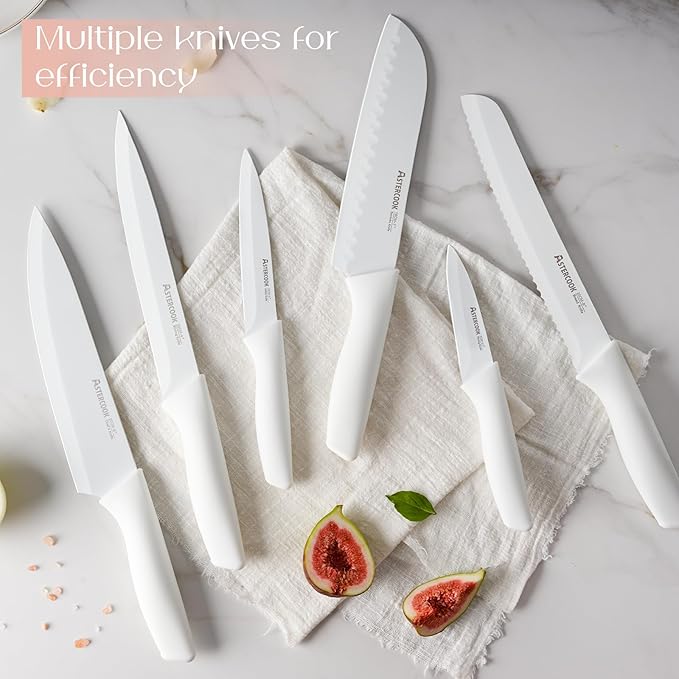 Astercook Knife Set for Kitchen 15 Piece with Block and Sharpener Kitchen Knives with Ceramic Coating Sharp Blade Dishwasher Safe Deba Knives with Anti-slip Ergonomic Handle, Elegant White