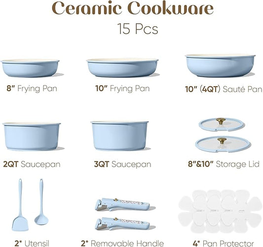 CAROTE 15Pcs Ceramic Cookware Set, Pots and Pans Set Non Stick, Kitchen Cooking Set with Detachable Handle, Non Toxic Induction Cookware, Dishwasher/Oven Safe