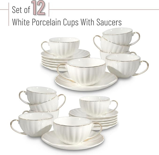 BTaT- Cappuccino Cups with Saucers 7 oz, Set of 12, White Porcelain Coffee Cup and Saucer Set for Latte with Golden Trim Design, Dishwasher Safe, Mocha, Tea, Au Lait, Flat White