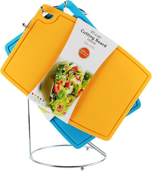 Liflicon Thick Cutting Boards for Kitchen Silicone Chopping Board Set of 2 Mid 12.6'' x 9.1”,Mini 9.1”x7.1” Non-slip Deep Drip Juice Groove Easy Grip Handle,Dishwasher Safe-Yellow