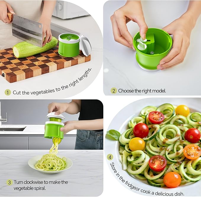 3 in 1 Vegetable Spiralizer Slicer, Adjustable Thickness 0-3mm, Zucchini Spiralizer Veggie Noodle Maker for Cucumber/Zoodle/Salad/Spaghetti/Pasta with Food Container, Cleaning Brush, Green
