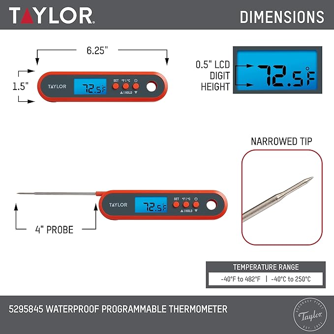 Taylor Digital Waterproof Kitchen Food and Meat Thermometer, with a Folding Probe, Programmable Presets, Backlit Display for Oven, Grilling, Smoker & BBQ - Includes 2 AAA Batteries