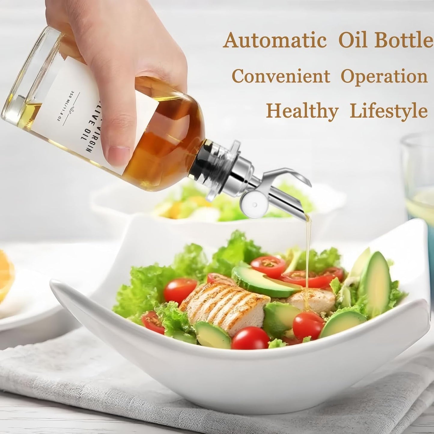 Olive Oil Dispenser for Kitchen, 11.8oz/350ml Glass Oil Bottles with Bamboo Tray and Labels, Oil&Soy sauce Cruet Set, Kitchen Dispenser Bottles with Pourer | Set of 2 (Silvery, 11.8, ounces)