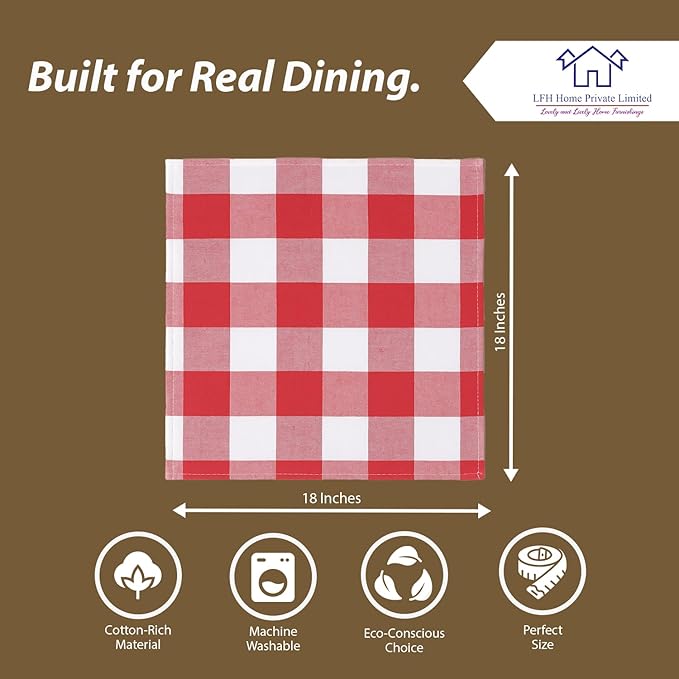 LFH Home 100% Cotton Cloth Reusable Dinner Napkins Set of 12 Washable Soft Decorative Buffalo Plaid Gingham and Checkered Table Napkins for Holidays Wedding Farmhouse Decor 18x18 Inch - Red & White