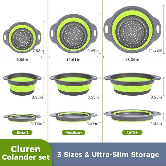 Collapsible Colander Set with Universal Draining Tray | 3-Pack Foldable Kitchen Strainers + Base | Space Saving for Pasta, Veggies, Fruit & Rice | 5 Colors (Gray-Green)