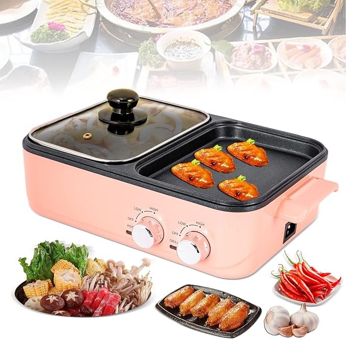 Electric Hot Pot with Grill, 2 In 1 Multifunction Nonstick Griddle and Hot Pot, Indoor Barbecue Grill with Hotpot for Steak, Shabu Shabu, Korean BBQ, Separate Dual Temperature Control